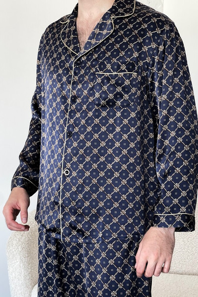 Pajamas made of natural silk "Dubai" for men, brown with a pattern TM "Silk Kiss". Natural 100% silk, Size: L[100-shelkovaya-naturalnaya-rozovaya-sorochka-samarkand-silk-kiss-samarkand-xs-32-34-1613.jpg]