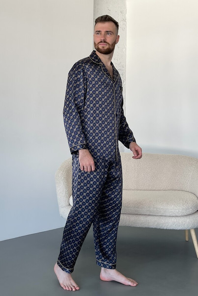 Pajamas made of natural silk "Dubai" for men, brown with a pattern TM "Silk Kiss". Natural 100% silk, Size: L[100-shelkovaya-naturalnaya-rozovaya-sorochka-samarkand-silk-kiss-samarkand-xs-32-34-1613.jpg]
