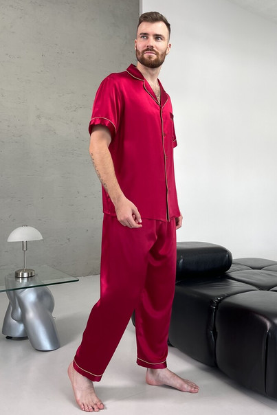 Шелковая мужская пижама "Сиэтл", красная. TM"Silk Kiss" 100% натуральный  шелк, Размер: L, изображение 3
