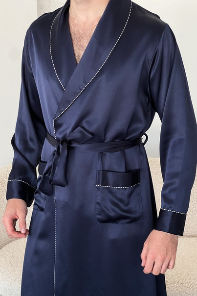 Халат из шелка натурального мужской "Мельбурн" темно-синий. Melbourne TM"Silk Kiss". Натуральный 100% шелк, Размер: XL, изображение 2
