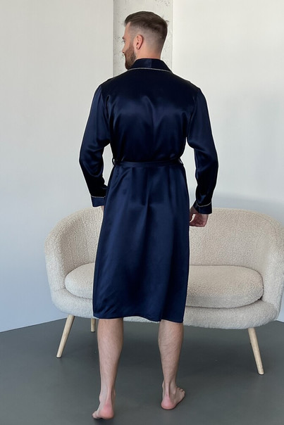 Халат из шелка натурального мужской "Мельбурн" темно-синий. Melbourne TM"Silk Kiss". Натуральный 100% шелк, Размер: XL, изображение 3