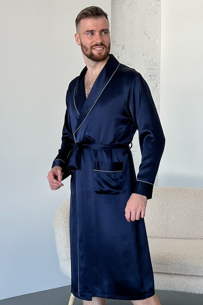 Халат из шелка натурального мужской "Мельбурн" темно-синий. Melbourne TM"Silk Kiss". Натуральный 100% шелк, Размер: XL, изображение 4