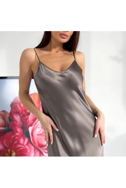 Шелковое платье комбинация на бретелях, темно-серое, миди. TM"Silk Kiss". Натуральный 100% шелк, Размер: M, изображение 2