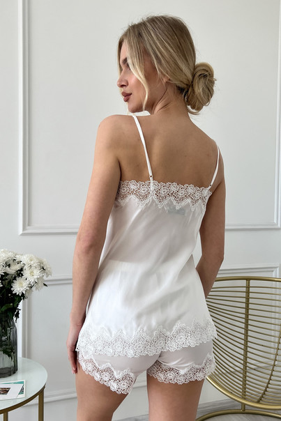 Шовковий топ та шорти. Домашній комплект "Ніца" білий. TM "Silk Kiss". Натуральний 100% шовк, Розмір: L[100-shelkovaya-naturalnaya-rozovaya-sorochka-samarkand-silk-kiss-samarkand-xs-32-34-1613.jpg]