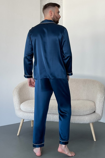 Шелковая мужская пижама "Лондон". TM"Silk Kiss". London. Натуральный 100% шелк. Синяя, Размер: S, изображение 2