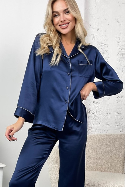 Шовкова жіноча піжама "Атланта". TM "Silk Kiss". Натуральний 100% шовк. Синій, Розмір: M[100-shelkovaya-naturalnaya-rozovaya-sorochka-samarkand-silk-kiss-samarkand-xs-32-34-1613.jpg]