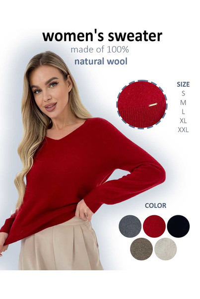 Свитер из натуральной 100% шерсти женский, красный шерстяной Silk KIss Wool Touch, Размер: M, изображение 4