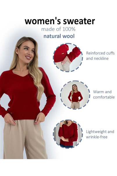 Свитер из натуральной 100% шерсти женский, красный шерстяной Silk KIss Wool Touch, Размер: M, изображение 3