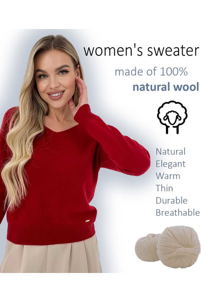 Свитер из натуральной 100% шерсти женский, красный шерстяной Silk KIss Wool Touch, Размер: M, изображение 2