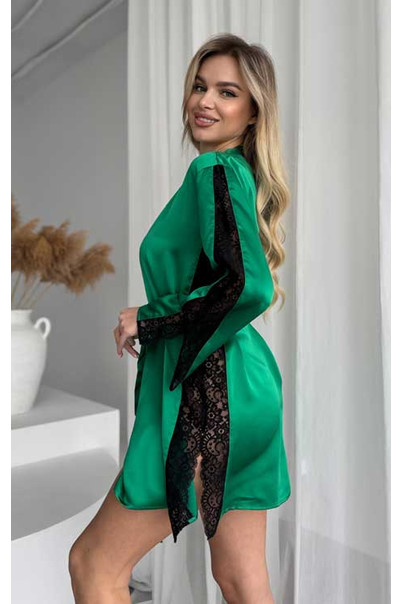Шелковый халат женский домашний "Silk Kiss" зеленый, из натурального шелка с кружевом, Размер: XXL, изображение 4