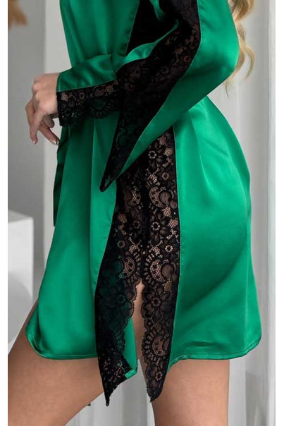 Шелковый халат женский домашний "Silk Kiss" зеленый, из натурального шелка с кружевом, Размер: XXL, изображение 2