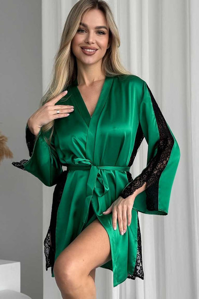 Шелковый халат женский домашний "Silk Kiss" зеленый, из натурального шелка с кружевом, Размер: XXL, изображение 5