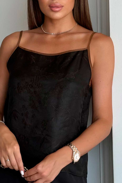 Майка жіноча шовкова топ, чорна з коричневим кантом, з натурального шовку. Silk Kiss, Розмір: S[100-shelkovaya-naturalnaya-rozovaya-sorochka-samarkand-silk-kiss-samarkand-xs-32-34-1613.jpg]