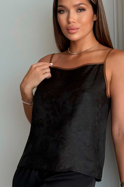 Майка жіноча шовкова топ, чорна з коричневим кантом, з натурального шовку. Silk Kiss, Розмір: S[100-shelkovaya-naturalnaya-rozovaya-sorochka-samarkand-silk-kiss-samarkand-xs-32-34-1613.jpg]