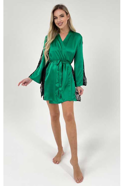 Шелковый халат женский домашний "Silk Kiss" зеленый, из натурального шелка с кружевом, Размер: XXL, изображение 7