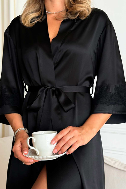 Халат женский шелковый черный Джайпур, натуральный шелк. Универсальный размер, Размер: One Size, изображение 3