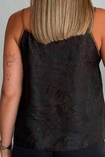 Майка жіноча шовкова топ, чорна з коричневим кантом, з натурального шовку. Silk Kiss, Розмір: S[100-shelkovaya-naturalnaya-rozovaya-sorochka-samarkand-silk-kiss-samarkand-xs-32-34-1613.jpg]