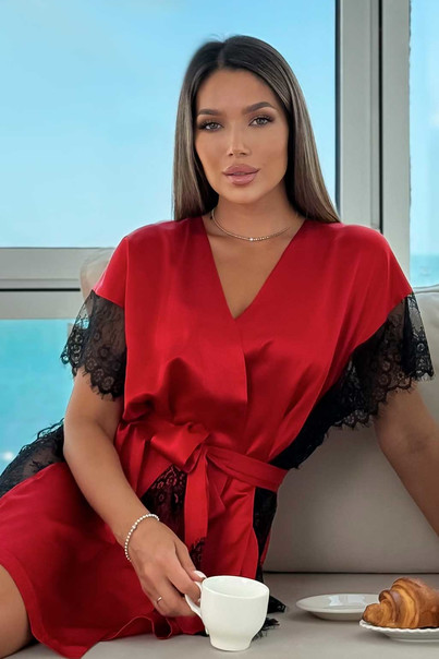 Халат шовковий червоний жіночий з натурального 100% шовку та мережива. ТМ "Silk Kiss", Size: S/M[100-shelkovaya-naturalnaya-rozovaya-sorochka-samarkand-silk-kiss-samarkand-xs-32-34-1613.jpg]