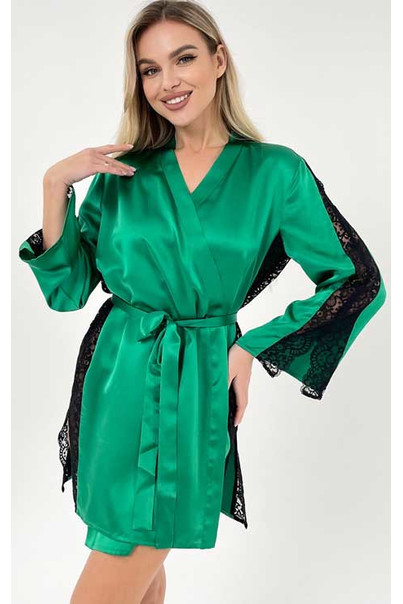 Шелковый халат женский домашний "Silk Kiss" зеленый, из натурального шелка с кружевом, Размер: XXL, изображение 8