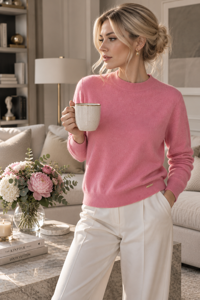 Жіночий светр класичний із круглим вирізом | Silk Kiss | Premium Merino Wool, натуральна шерсть 100%, колір: рожевий, Колір: Рожевий, Розмір: S[100-shelkovaya-naturalnaya-rozovaya-sorochka-samarkand-silk-kiss-samarkand-xs-32-34-1613.jpg]