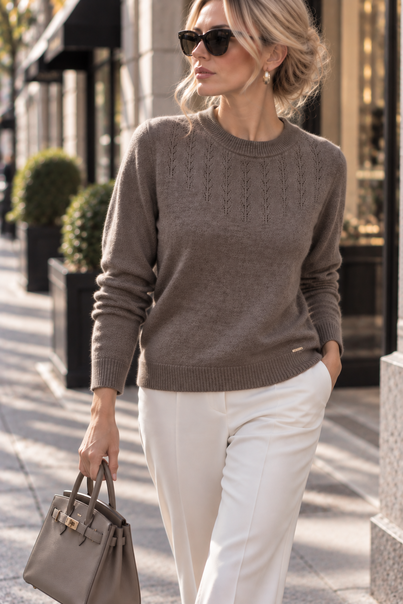 Жіночий вовняний светр з круглим вирізом | Silk Kiss | Premium Merino Wool, натуральна вовна 100%,  колір: какао з молоком, Розмір: S[100-shelkovaya-naturalnaya-rozovaya-sorochka-samarkand-silk-kiss-samarkand-xs-32-34-1613.jpg]